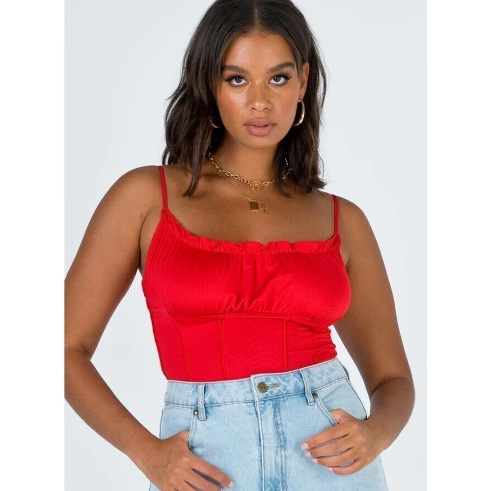 Princess Polly The Annette Gathered Crop Top Twin Shoulder Straps Unlined Red 10